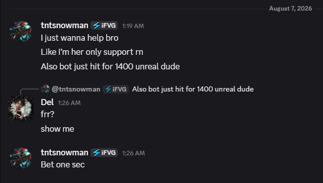 A member messaging that the bot just hit for 1400