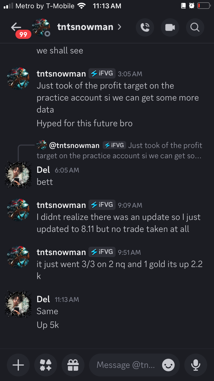 A conversation about the bot taking three winning trades on Nasdaq and gold