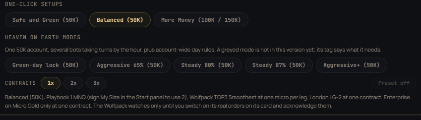 One-click setups under the presets: Safe and Green, Balanced, More Money, with the line that says which setup the cards are
